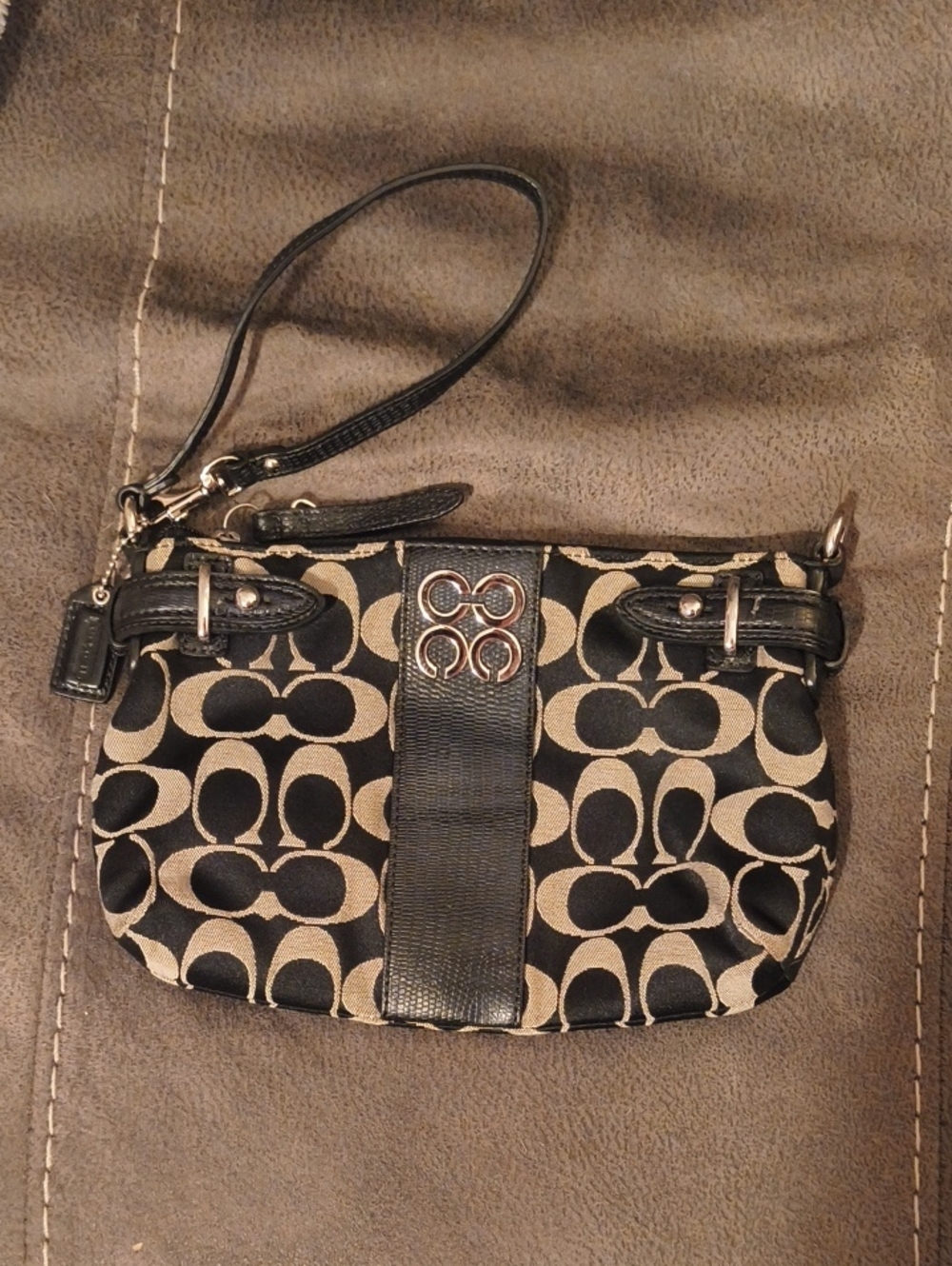 Coach Black and Khaki Signature Wristlet with Center Leather Stripe